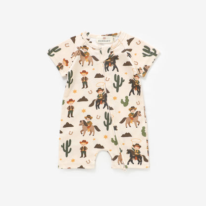 Cowboy Trail  Short Sleeve 2 Way Zipper Romper | 100% Organic Cotton Baby Romper