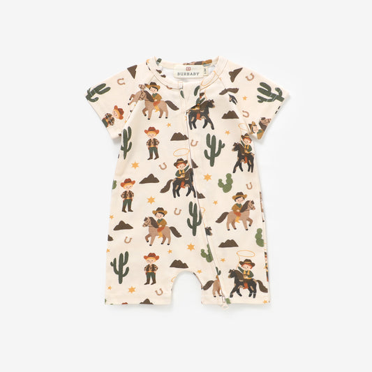 Cowboy Trail  Short Sleeve 2 Way Zipper Romper | 100% Organic Cotton Baby Romper