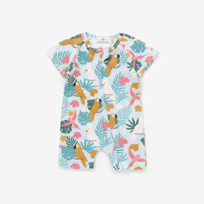 Tropical Parrots Short Sleeve 2 Way Zipper Romper | 100% Organic Cotton Baby Romper
