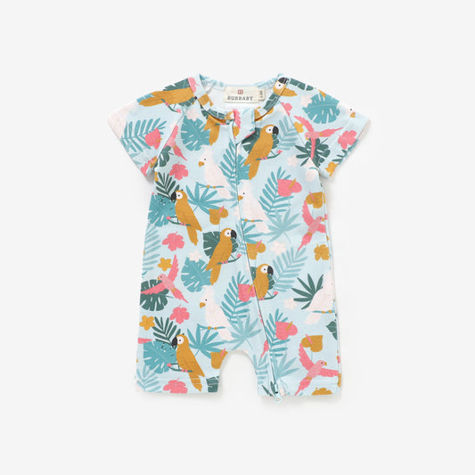 Tropical Parrots Short Sleeve 2 Way Zipper Romper | 100% Organic Cotton Baby Romper