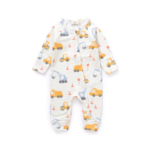 Construction Truck Organic Cotton Two-Way Zipper Baby Romper | Burbaby
