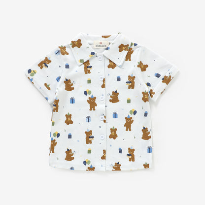 Birthday Bear Blue Button Up Shirt | 100% Organic Cotton Baby & Toddler Shirt