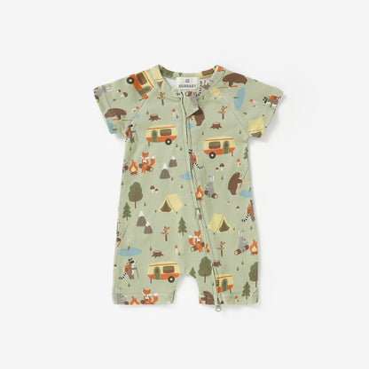 Happy Camper Short Sleeve 2 Way Zipper Romper | 100% Organic Cotton Baby Romper
