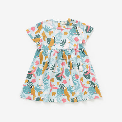 Tropical Parrots Short Sleeve Dress | 100% Organic Cotton Baby & Toddler Dress