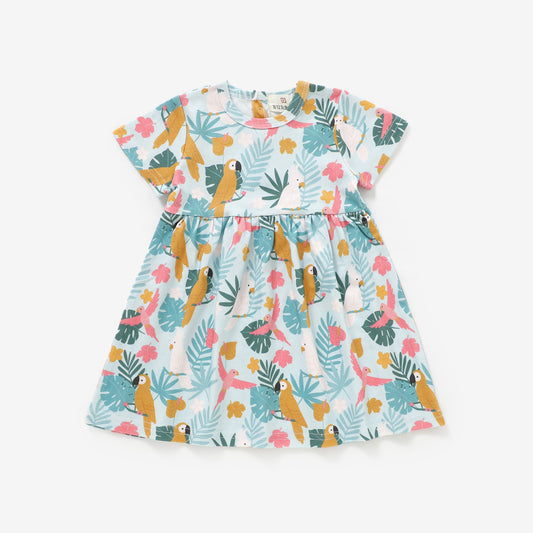 Tropical Parrots Short Sleeve Dress | 100% Organic Cotton Baby & Toddler Dress