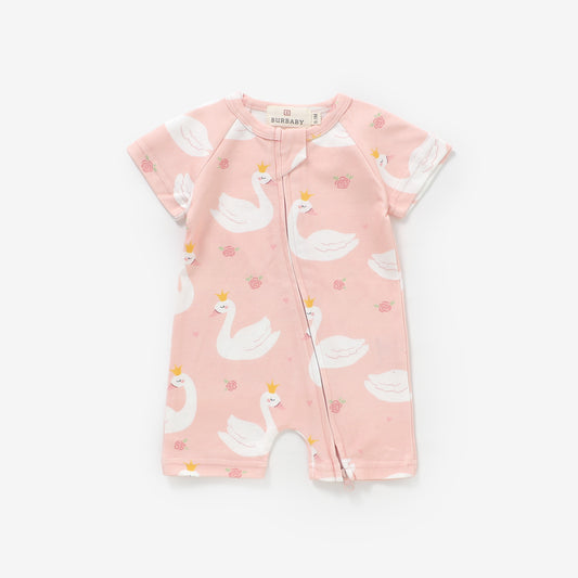Swan Princess Short Sleeve 2 Way Zipper Romper | 100% Organic Cotton Baby Romper