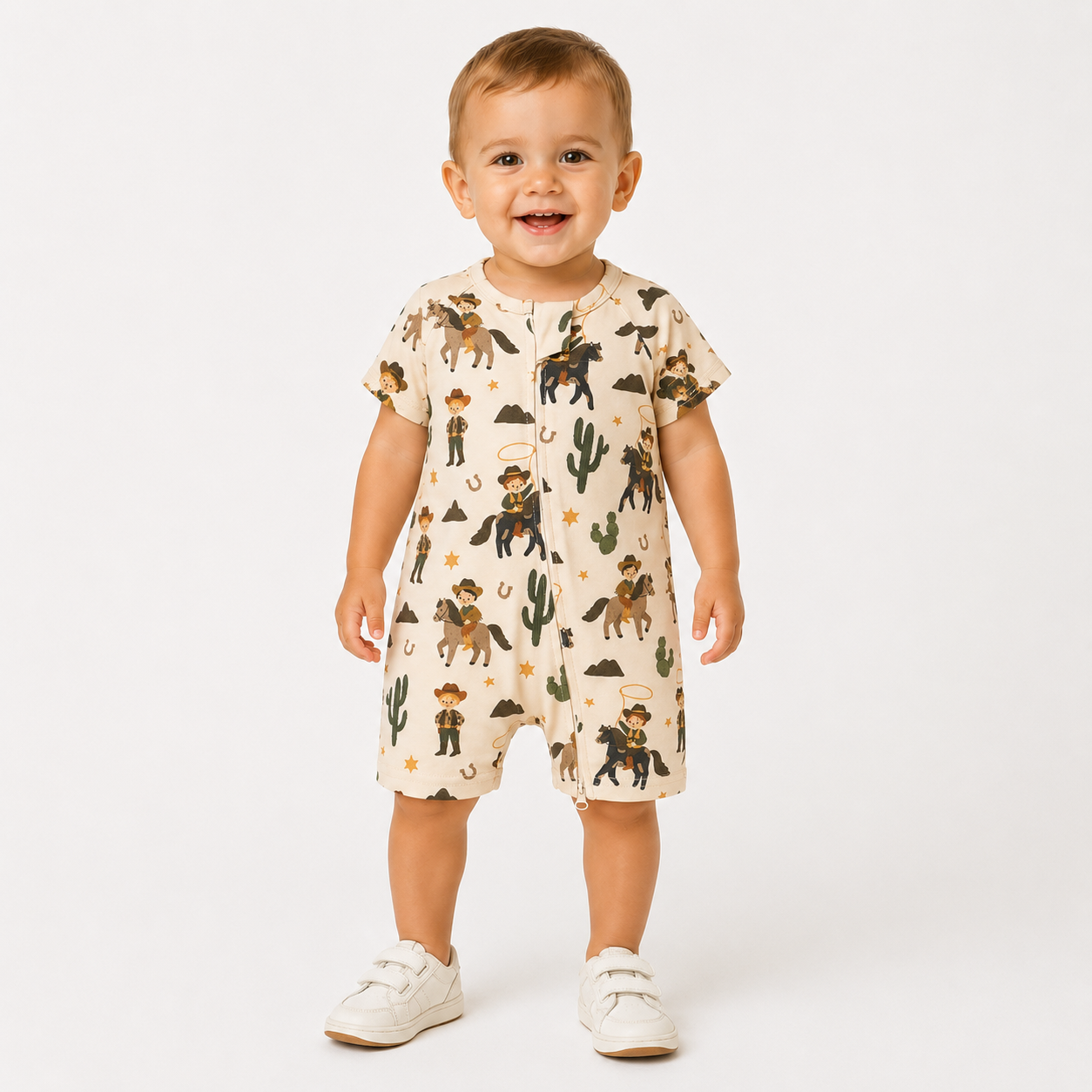 Cowboy Trail  Short Sleeve 2 Way Zipper Romper | 100% Organic Cotton Baby Romper