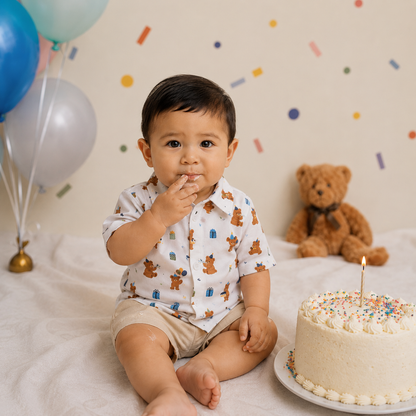 Birthday Bear Blue Button Up Shirt | 100% Organic Cotton Baby & Toddler Shirt