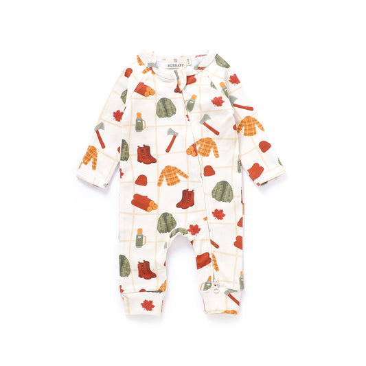 Lumberjack Organic Cotton Canadian Fall Two-Way Zipper Baby Romper | Burbaby
