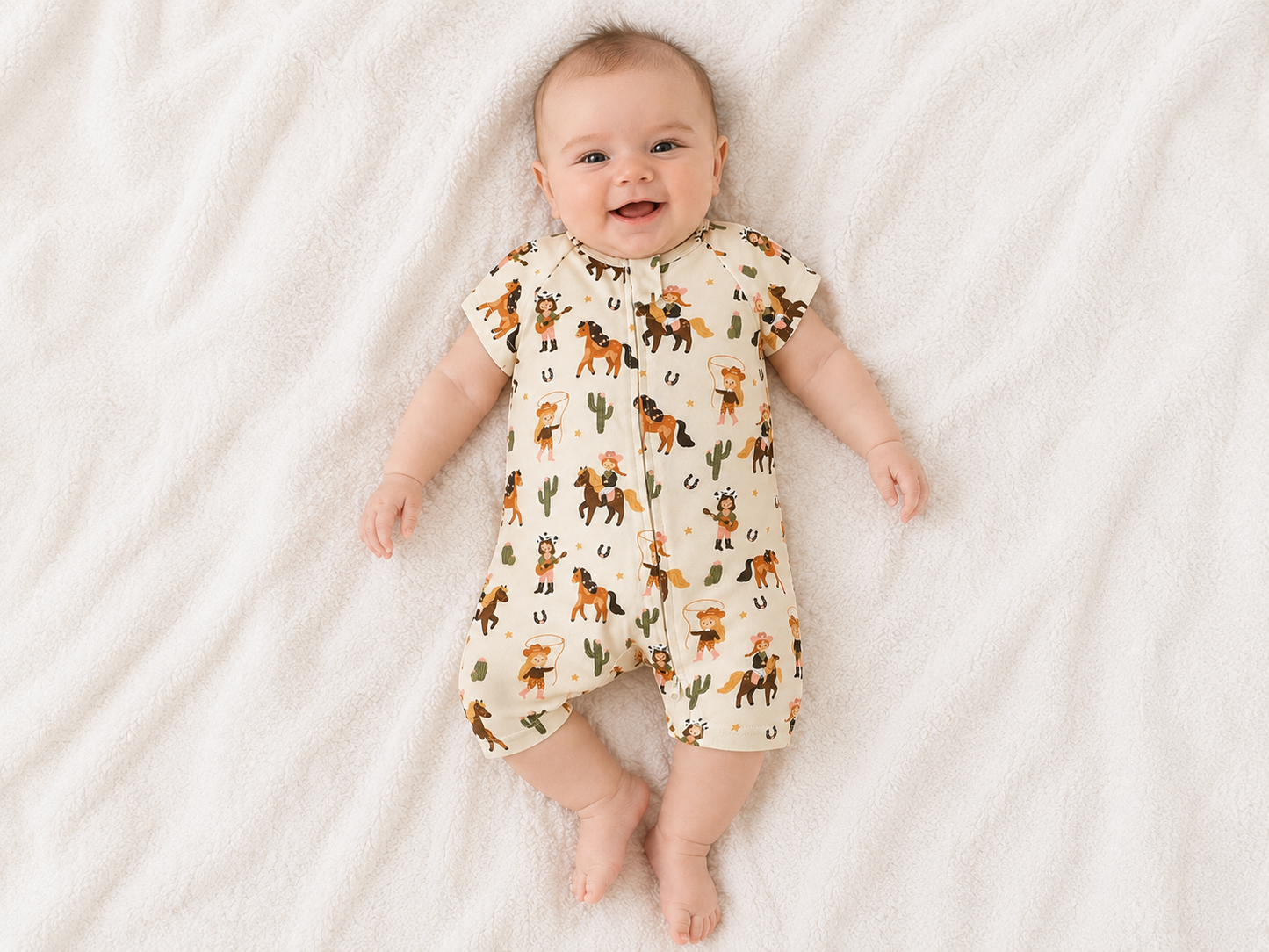 Wildflower Cowgirl Short Sleeve 2 Way Zipper Romper | 100% Organic Cotton Baby Romper