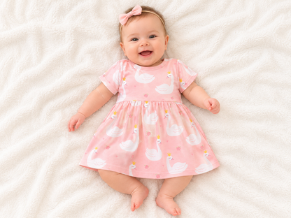 Swan Princess Short Sleeve Button Dress | 100% Organic Cotton Baby & Toddler Dress