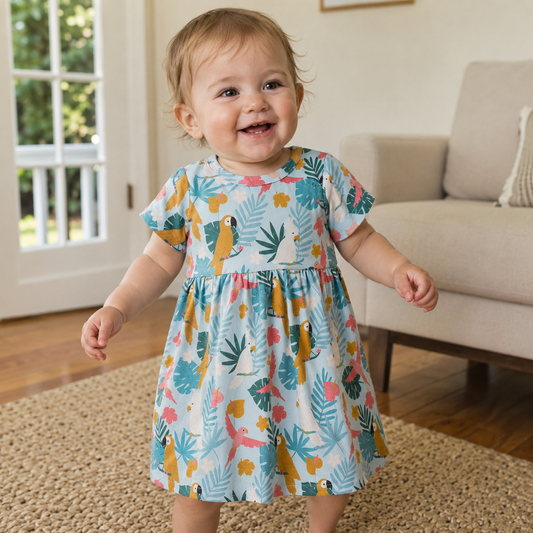 Tropical Parrots Short Sleeve Dress | 100% Organic Cotton Baby & Toddler Dress