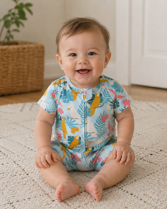 Tropical Parrots Short Sleeve 2 Way Zipper Romper | 100% Organic Cotton Baby Romper