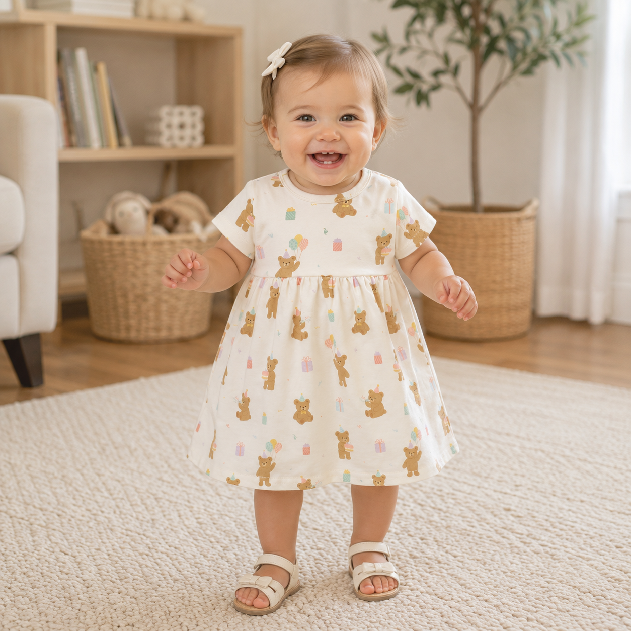 Birthday Bear Blush Short Sleeve Dress | 100% Organic Cotton Baby & Toddler Dress