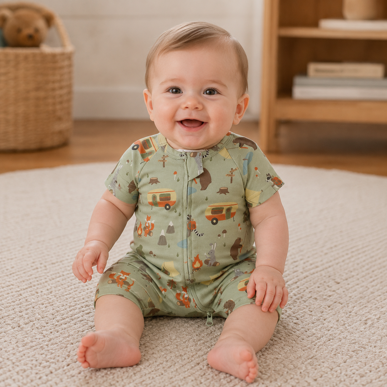 Happy Camper Short Sleeve 2 Way Zipper Romper | 100% Organic Cotton Baby Romper