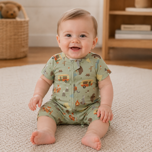 Happy Camper Short Sleeve 2 Way Zipper Romper | 100% Organic Cotton Baby Romper