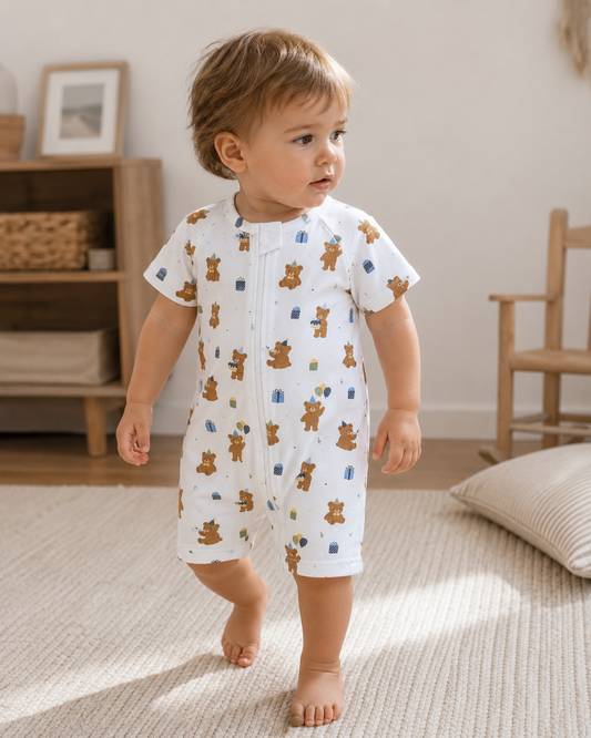 Birthday Bear Boy Short Sleeve Romper | 100% Organic Cotton Baby & Toddler Romper