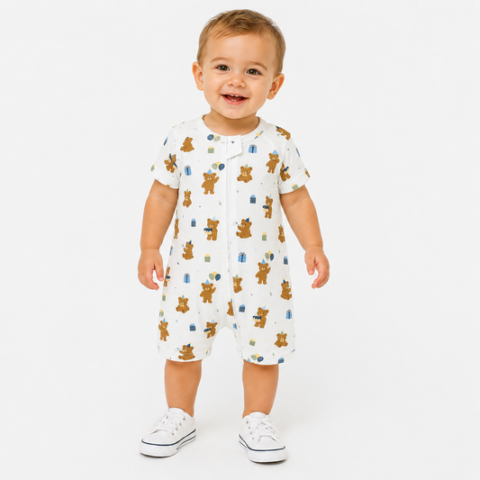 Birthday Bear Boy Short Sleeve Romper | 100% Organic Cotton Baby & Toddler Romper