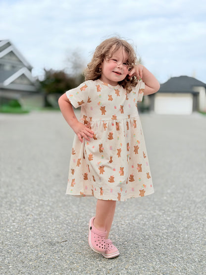 Birthday Bear Blush Short Sleeve Dress | 100% Organic Cotton Baby & Toddler Dress