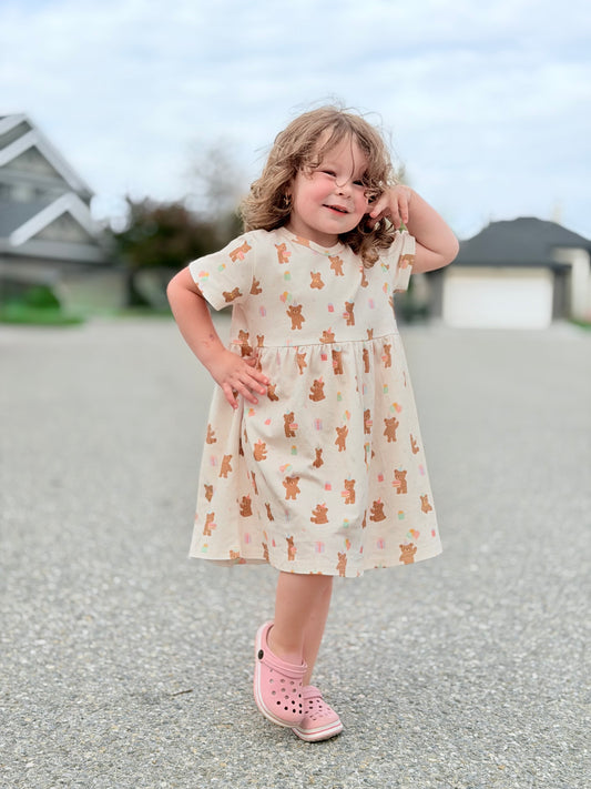 Birthday Bear Blush Short Sleeve Dress | 100% Organic Cotton Baby & Toddler Dress